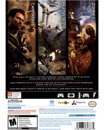 Call of Duty Black Ops II back cover art for Nintendo Wii U (Wii U) first-person shooter video game. 