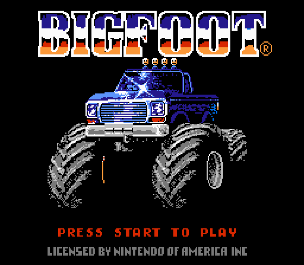 Bigfoot Nintendo Entertainment System NES for retro video game enthusiasts featuring monster truck racing gameplay off road competitions vehicle upgrades challenging tracks arcade style driving action classic 8 bit sports entertainment and collectible gaming appeal gameplay 