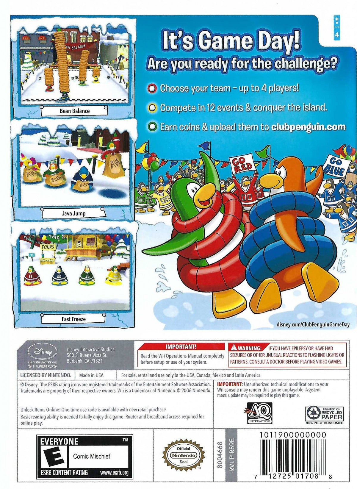 Club Penguin: Game Day back cover art for Nintendo Wii (Wii) video game 