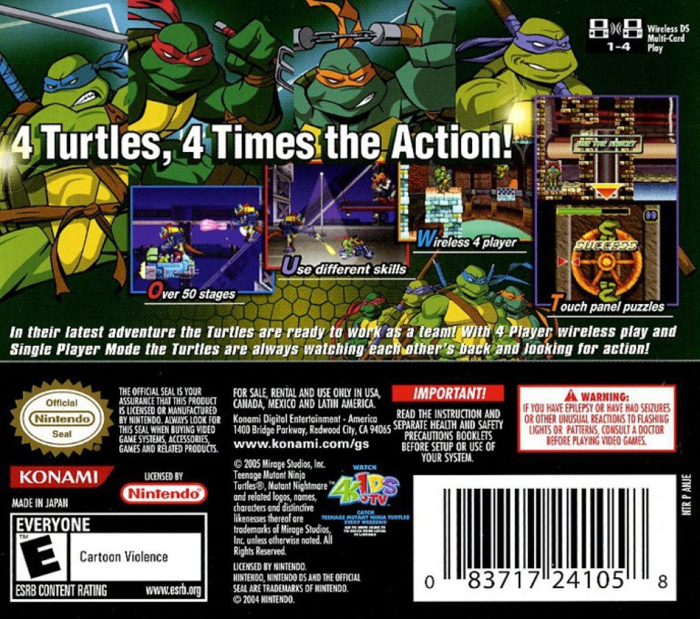 Teenage Mutant Ninja Turtles 3: Mutant Nightmare back of case for Nintendo DS (DS) action beat 'em up video game