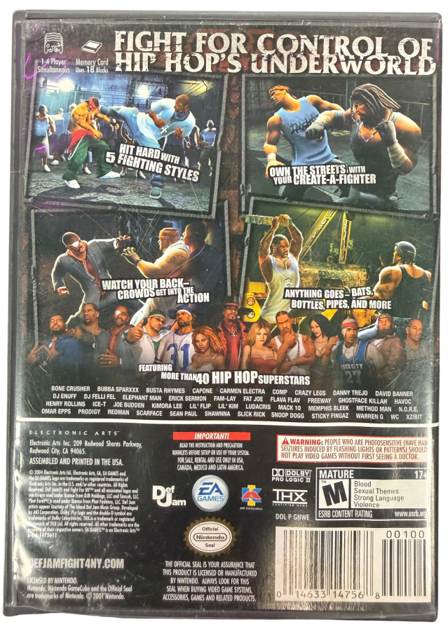Def Jam Fight for NY Nintendo GameCube GC for fighting video game fans featuring hip hop inspired combat legendary rappers and celebrities brutal wrestling and street fighting styles character customization story driven gameplay interactive environments and intense multiplayer matches collectible gaming appeal back cover art
