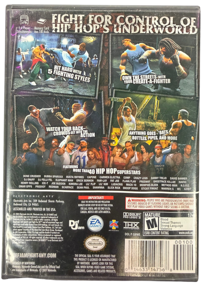 Def Jam Fight for NY Nintendo GameCube GC for fighting video game fans featuring hip hop inspired combat legendary rappers and celebrities brutal wrestling and street fighting styles character customization story driven gameplay interactive environments and intense multiplayer matches collectible gaming appeal back cover art
