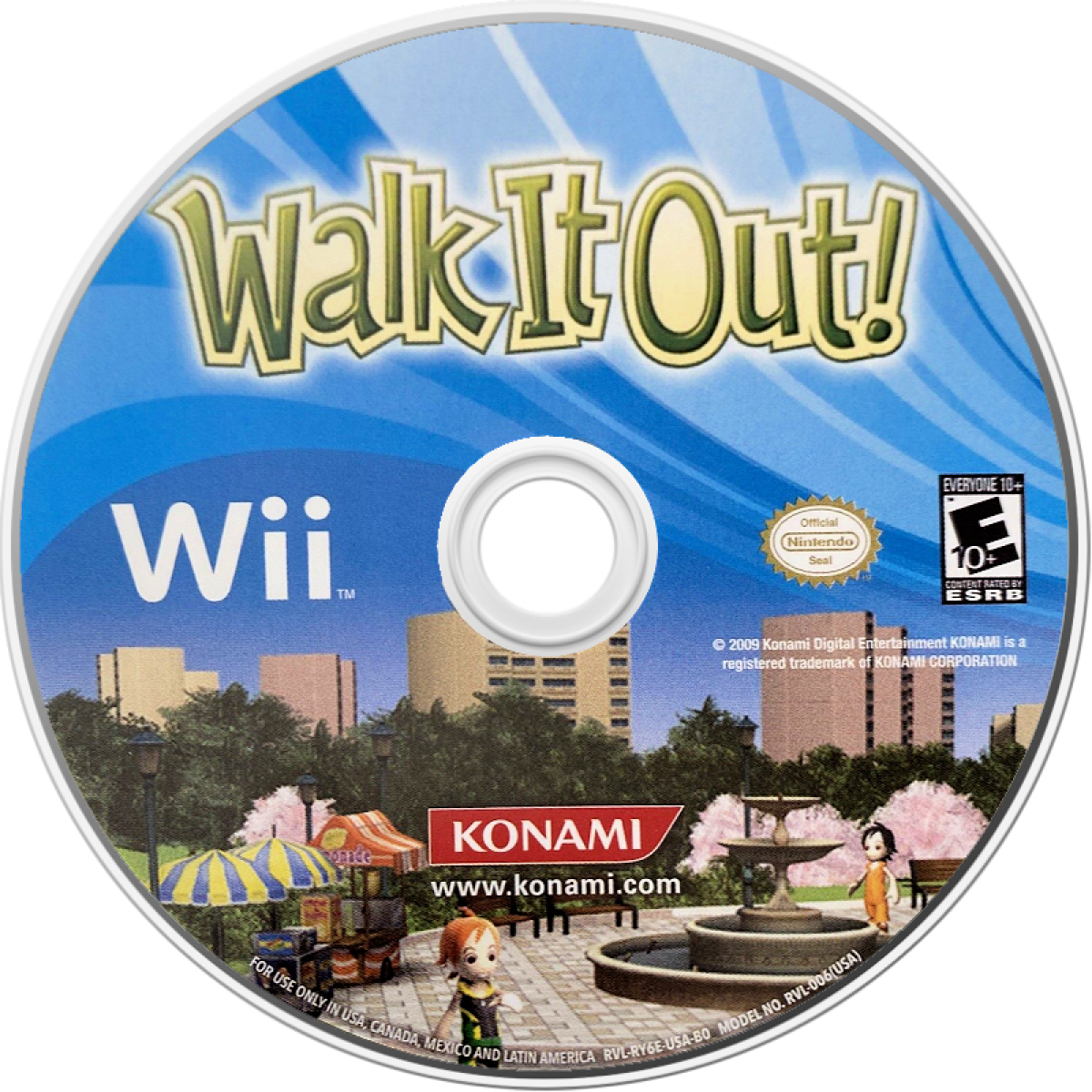 Walk It Out disc art for Nintendo Wii (Wii) featuring rhythm‑based walking gameplay across a vibrant virtual city, unlocking new areas, music tracks, and interactive environments as you step in time.