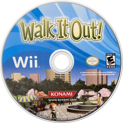 Walk It Out disc art for Nintendo Wii (Wii) featuring rhythm‑based walking gameplay across a vibrant virtual city, unlocking new areas, music tracks, and interactive environments as you step in time.