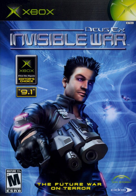 Deus Ex: Invisible War retro Xbox video game Deus Ex Invisible War cyberpunk immersive sim first person action RPG stealth hacking story driven futuristic gameplay console title Xbox release cover art