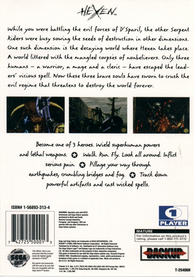 Hexen Sega Saturn first person shooter fantasy dark magic dungeon crawler FPS Heretic series Raven Software medieval horror spells weapons exploration puzzle elements retro Saturn game Sega Saturn software video game title back cover