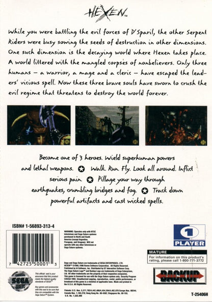 Hexen Sega Saturn first person shooter fantasy dark magic dungeon crawler FPS Heretic series Raven Software medieval horror spells weapons exploration puzzle elements retro Saturn game Sega Saturn software video game title back cover