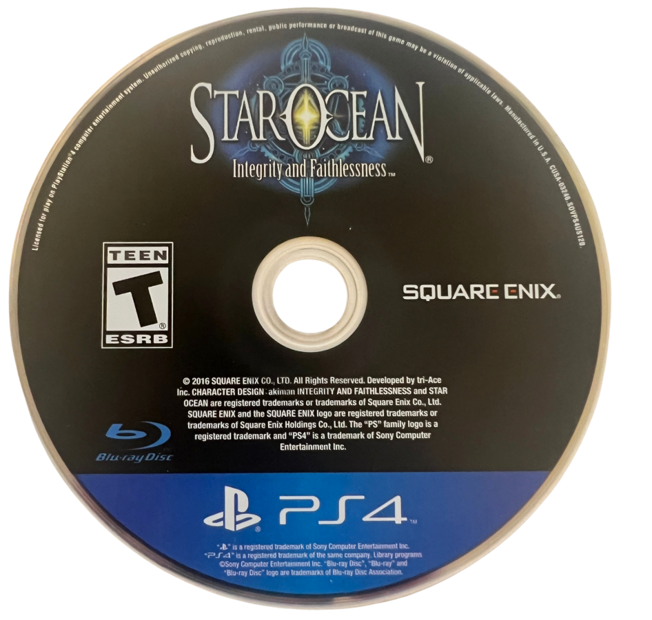 Star Ocean Integrity and Faithlessness retro PlayStation 4 video game featuring sci fi fantasy RPG combat, real time battles, anime storytelling and space adventure gameplay - disc