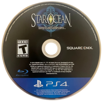 Star Ocean Integrity and Faithlessness retro PlayStation 4 video game featuring sci fi fantasy RPG combat, real time battles, anime storytelling and space adventure gameplay - disc