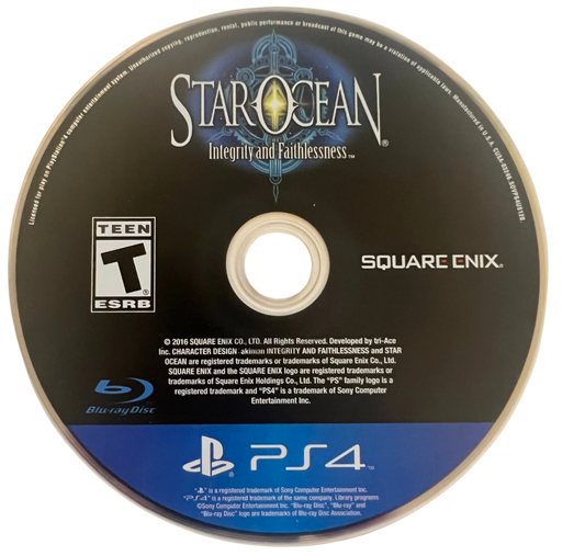 Star Ocean Integrity and Faithlessness retro PlayStation 4 video game featuring sci fi fantasy RPG combat, real time battles, anime storytelling and space adventure gameplay - disc