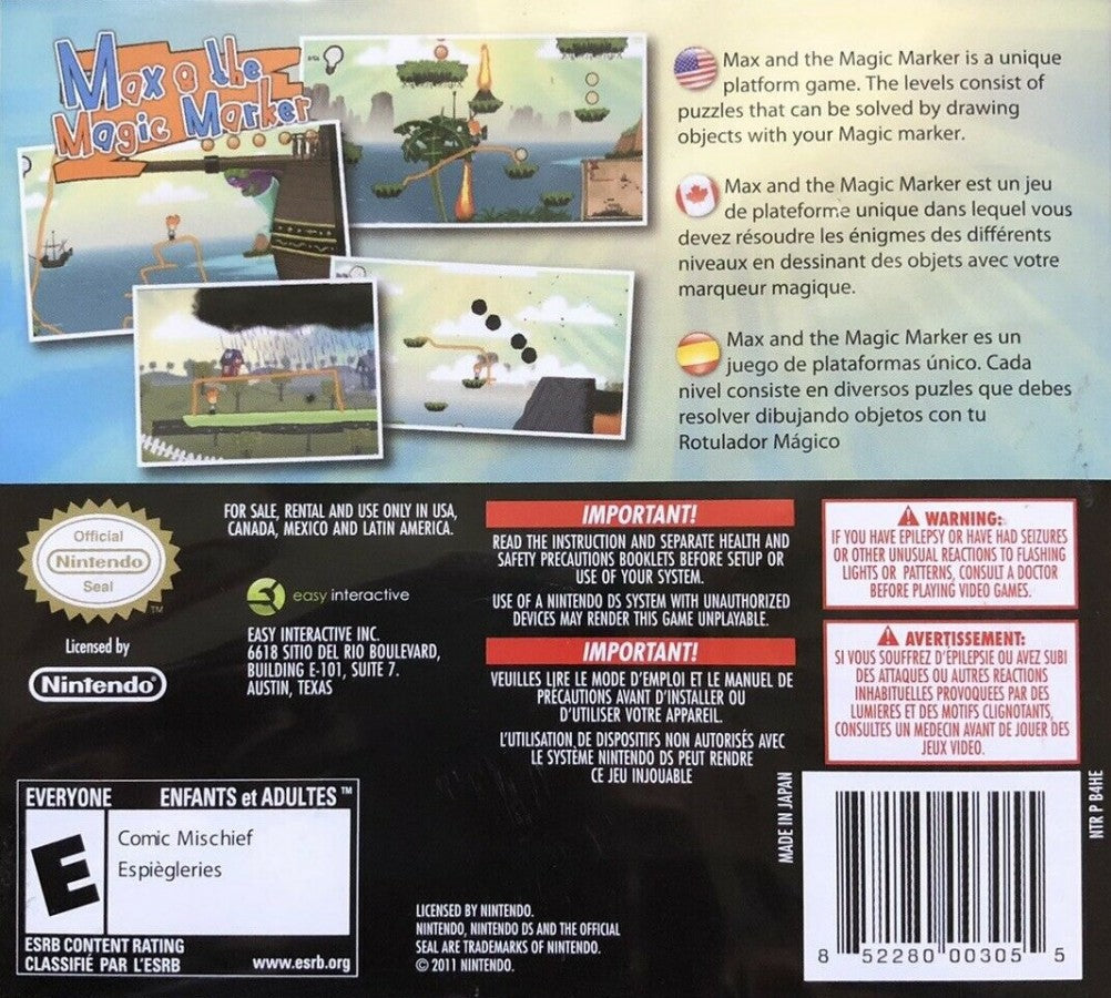 Max & the Magic Marker back of case for Nintendo DS (DS) puzzle platforming adventure video game