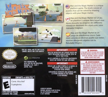 Max & the Magic Marker back of case for Nintendo DS (DS) puzzle platforming adventure video game