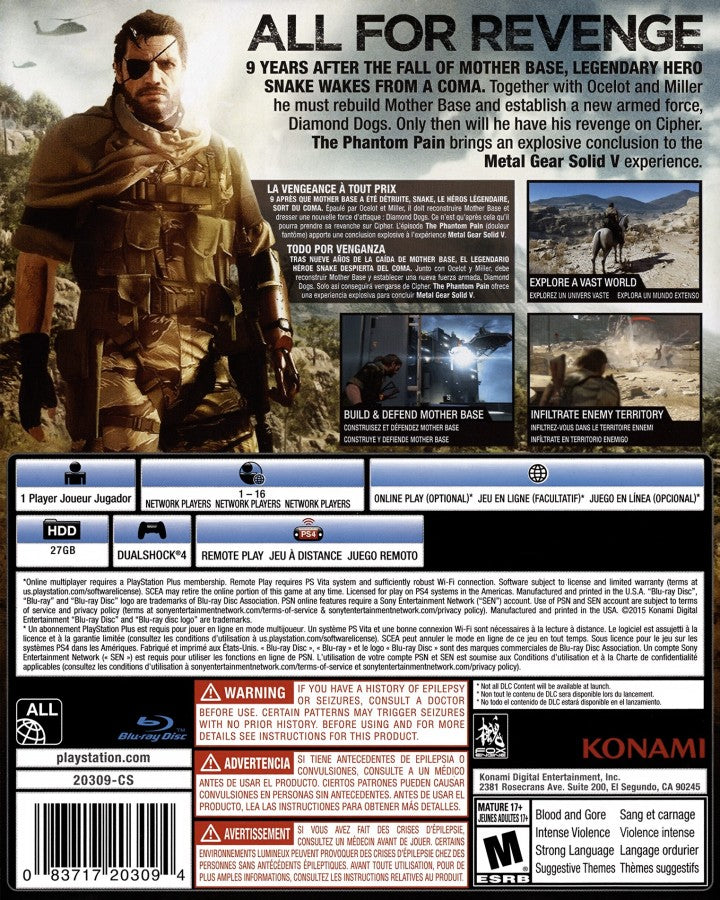 Retro Metal Gear Solid V The Phantom Pain PS4 inspired design featuring tactical stealth action aesthetic open world military infiltration cinematic espionage gameplay futuristic warfare Diamond Dogs mercenary operations Hideo Kojima masterpiece nostalgic stealth adventure presentation back art