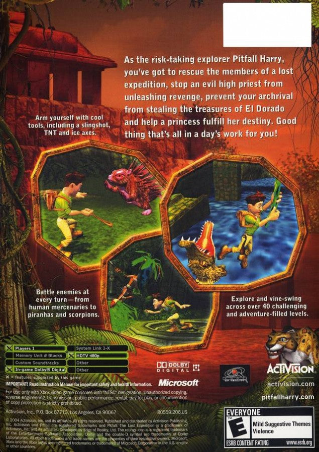 Pitfall The Lost Expedition for Xbox featuring adventure platforming in jungle environments back cover art