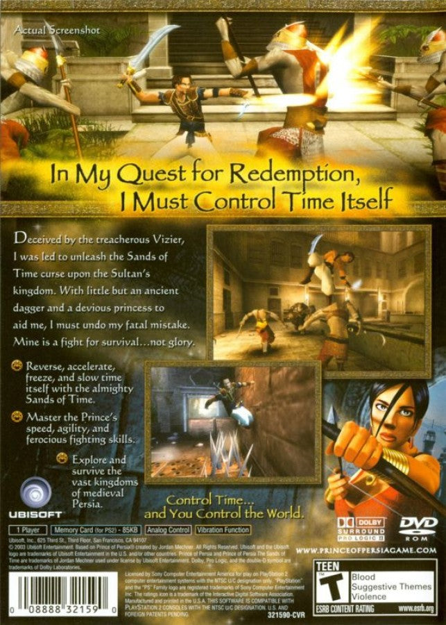 Prince of Persia: The Sands of Time back cover art for PlayStation 2 (PS2) video game.