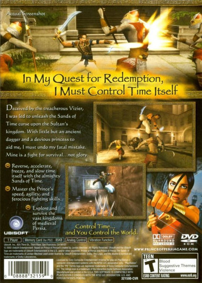 Prince of Persia: The Sands of Time back cover art for PlayStation 2 (PS2) video game.