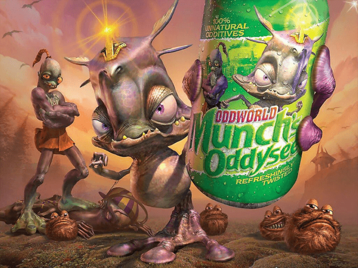 Oddworld Munchs Oddysee retro Xbox video game Oddworld platform adventure puzzle solving quirky alien characters cinematic storytelling action exploration console title Xbox release title screen