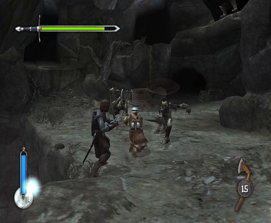 Gameplay for The Lord of the Rings The Two Towers Player’s Choice GameCube GC video game, action RPG, fantasy adventure, movie tie-in, multiplayer, Nintendo GameCube classic