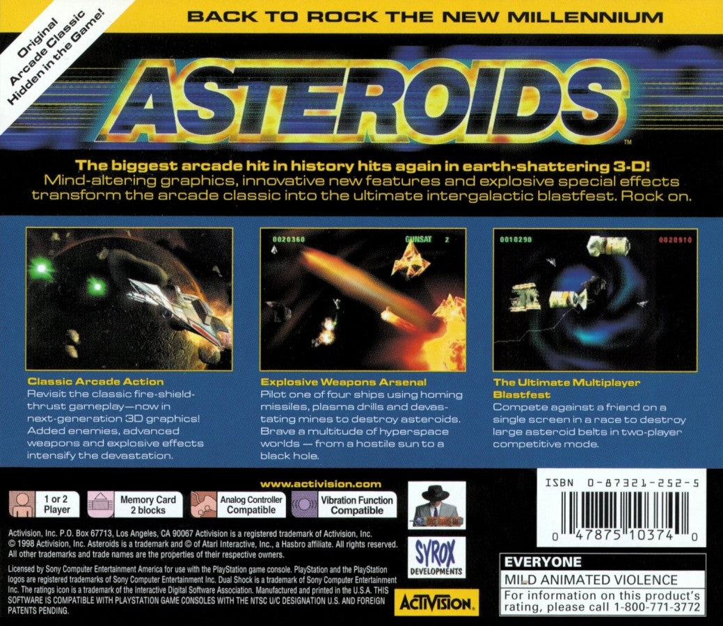 Asteroids PlayStation PS1 for arcade shooter video game fans featuring classic asteroid blasting gameplay fast paced spaceship combat rotating controls challenging enemy waves high score competition updated PlayStation graphics retro arcade action collectible gaming appeal back cover art