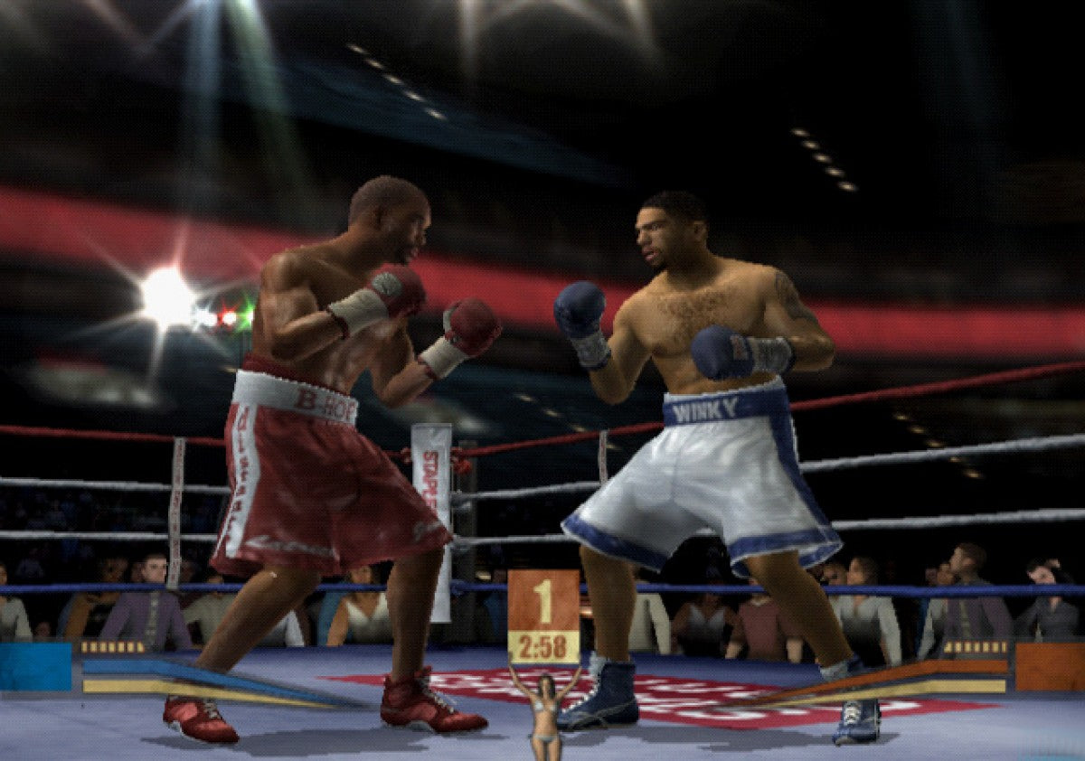 Fight Night Round 2 Greatest Hits PlayStation 2 PS2 video game featuring boxing sports simulation gameplay professional boxing matches realistic boxer movements punch combinations defensive blocking counterpunching career mode championship fights boxer customization and classic PlayStation 2 boxing action Greatest Hits edition retro video game collection collectible gaming appeal gameplay