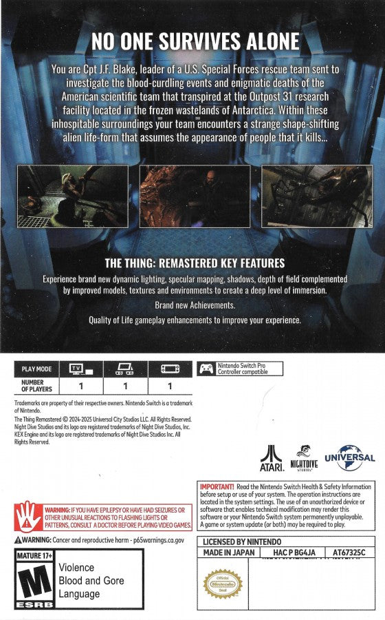 The Thing Remastered Nintendo Switch video game The Thing survival horror sci fi action psychological horror monster combat cinematic gameplay console title Nintendo Switch release back of case
