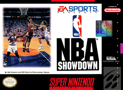 NBA Showdown for Super Nintendo Entertainment System with classic 16-bit basketball simulation theme front cover