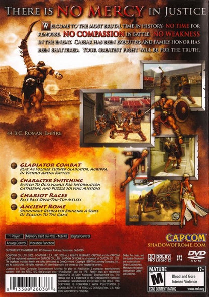 Shadow of Rome – PlayStation 2 (PS2) video game back of case, action-adventure/hack-and-slash game.
