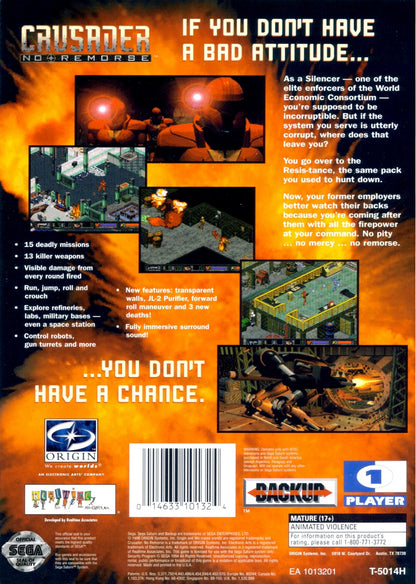 Crusader No Remorse Sega Saturn isometric action shooter cyberpunk tactical combat game rebellion storyline explosive weapons destruction based gameplay The 3DO Company port sci fi military missions retro gaming Sega Saturn software video game title back cover art