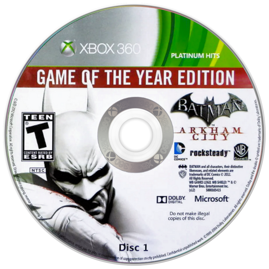 Batman: Arkham City – Game of the Year Edition Platinum Hits edition for Xbox 360 action adventure superhero game featuring Batman and Joker bonus DLC content rated T for Teen disc