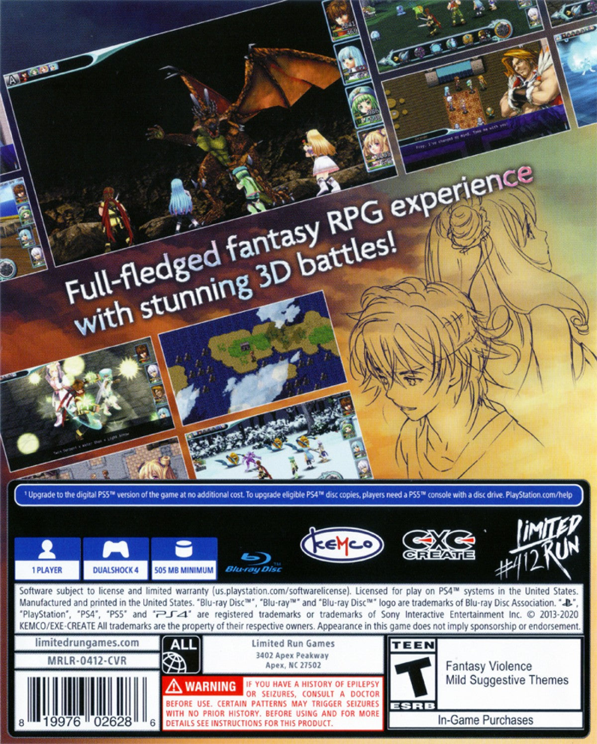 Alphadia Genesis PlayStation 5 turn-based fantasy RPG retro-style adventure Kemco 16-bit era inspired pixel art party combat magic system exploration quests back cover