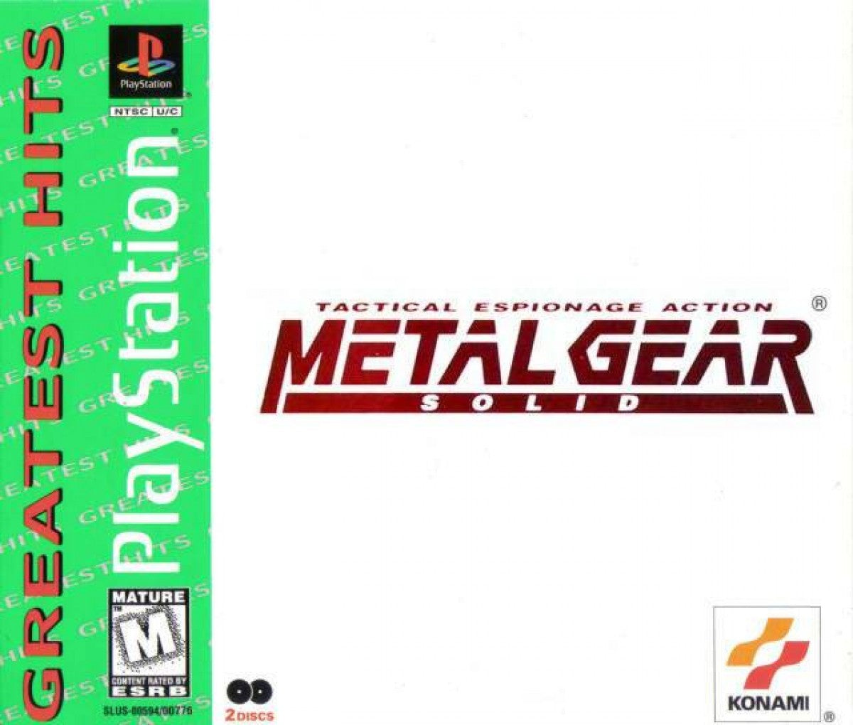 Metal Gear Solid disc from the Greatest Hits collection featuring stealth action gameplay as Solid Snake infiltrates enemy bases with tactical espionage, cinematic storytelling, and puzzle solving on the original PlayStation front cover
