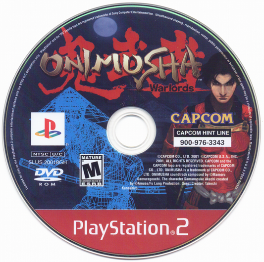 Onimusha Warlords from the Greatest Hits collection for the PlayStation 2 featuring action adventure gameplay with samurai combat demon enemies puzzle solving and cinematic storytelling set in feudal Japan disc