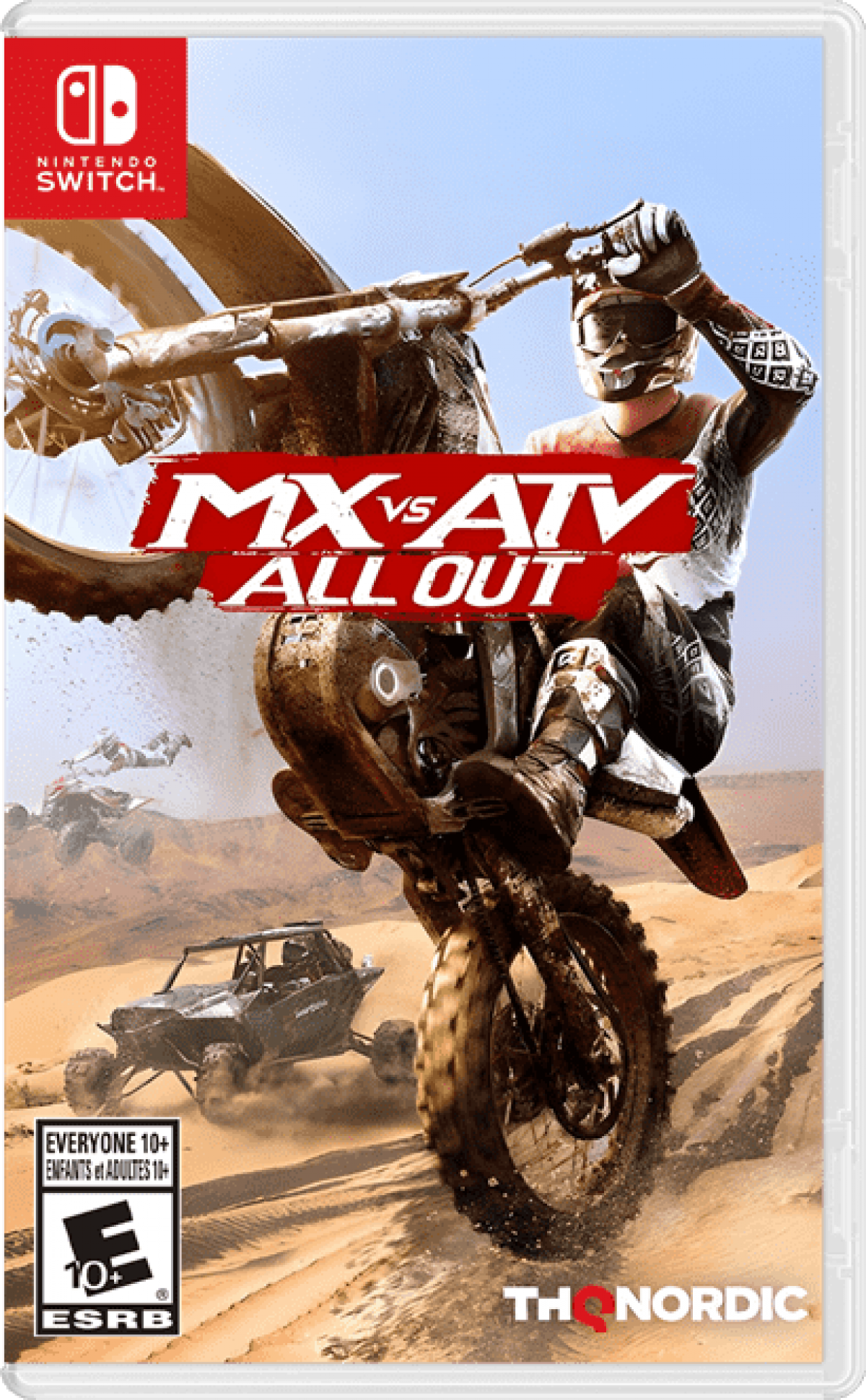 MX vs ATV All Out Nintendo Switch open world off road racing game multiple vehicle types ATV dirt bike monster truck tricks freestyle career mode split screen multiplayer cover art