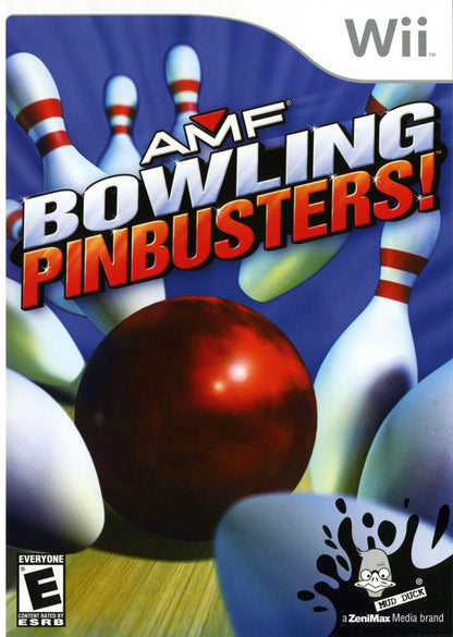 AMF Bowling Pinbusters Wii inspired design featuring arcade bowling sports gameplay aesthetic motion controlled lane action colorful characters family friendly competition multiplayer party fun casual Nintendo Wii entertainment presentation cover art