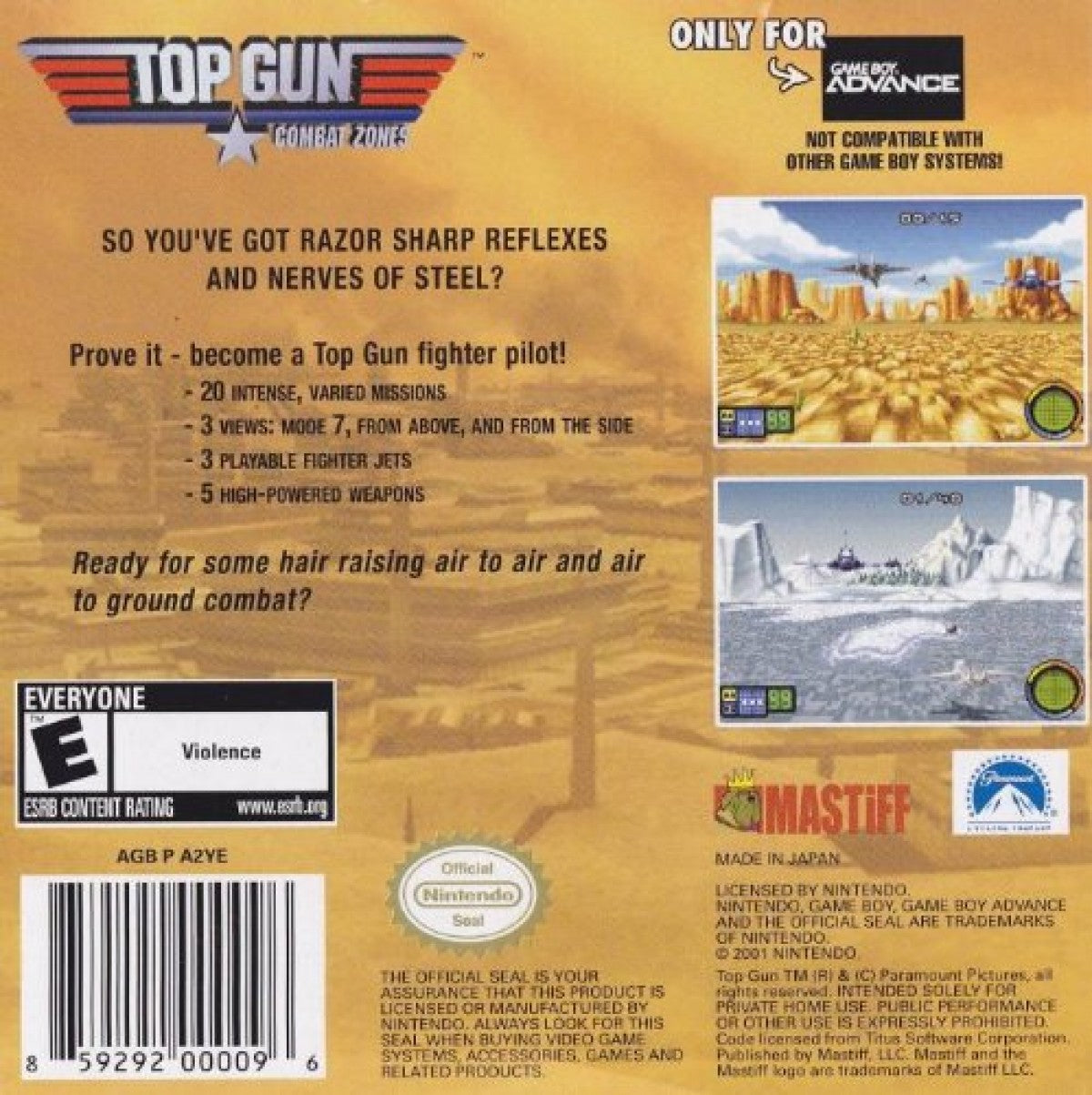 Top Gun Combat Zone Game Boy Advance GBA air combat flight simulation video game based on the film franchise back box cover