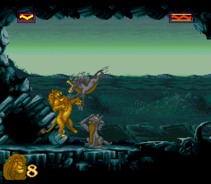 Disney's The Lion King Super Nintendo Entertainment System SNES video game featuring action platforming gameplay Simba adventure Pride Lands exploration enemy encounters obstacle courses power ups challenging stages and classic 16 bit Nintendo gameplay retro video game collection collectible gaming appeal gameplay