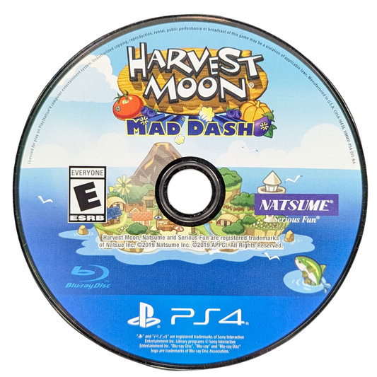 Harvest Moon: Mad Dash for PlayStation 4 (PS4) featuring a fast-paced, arcade-style farming puzzle game where you must harvest, fish, and milk cows under pressure; navigate chaotic levels solo or with friends in local co-op as you race to restore a broken lighthouse in this frantic spin-off of the classic simulation series disc