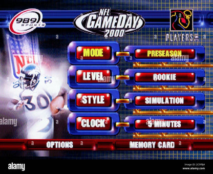 NFL GameDay 2000 PlayStation 1 football sports simulation video game 989 Sports NFL license all 31 teams franchise mode create-a-player Season Mode Exhibition authentic gameplay Sony PlayStation original main menu title screen