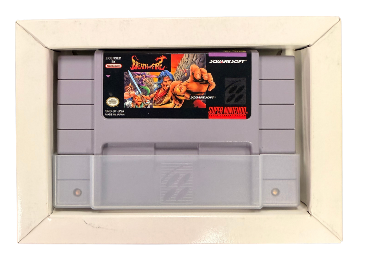 Breath of Fire Super Nintendo Entertainment System SNES retro video game role playing adventure featuring dragon transformations turn based combat fantasy characters exploration magical abilities challenging battles classic 16 bit graphics Super Nintendo gaming experience retro game collection appeal cartridge and insert