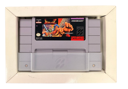 Breath of Fire Super Nintendo Entertainment System SNES retro video game role playing adventure featuring dragon transformations turn based combat fantasy characters exploration magical abilities challenging battles classic 16 bit graphics Super Nintendo gaming experience retro game collection appeal cartridge and insert