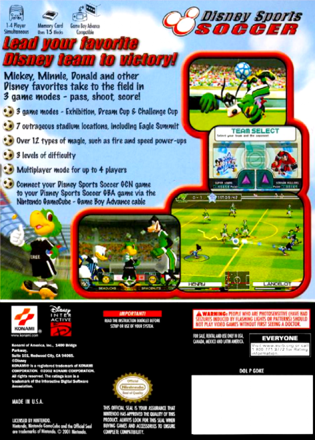 Disney Sports Soccer back of case for GameCube (GC) sports soccer video game