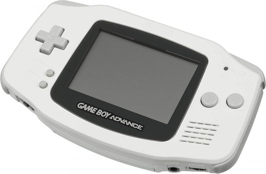 Game Boy Advance handheld system in white featuring horizontal design, color screen, rechargeable battery, and compatibility with Game Boy Advance cartridges for portable gaming