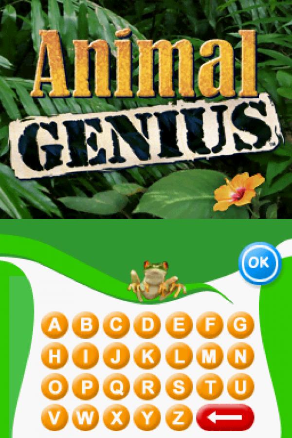 Animal Genius Nintendo DS game featuring educational puzzle gameplay and animal-themed challenges title screen name input
