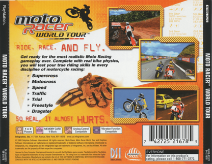 Moto Racer World Tour back of case for PlayStation 1 (PS1) retro racing video game