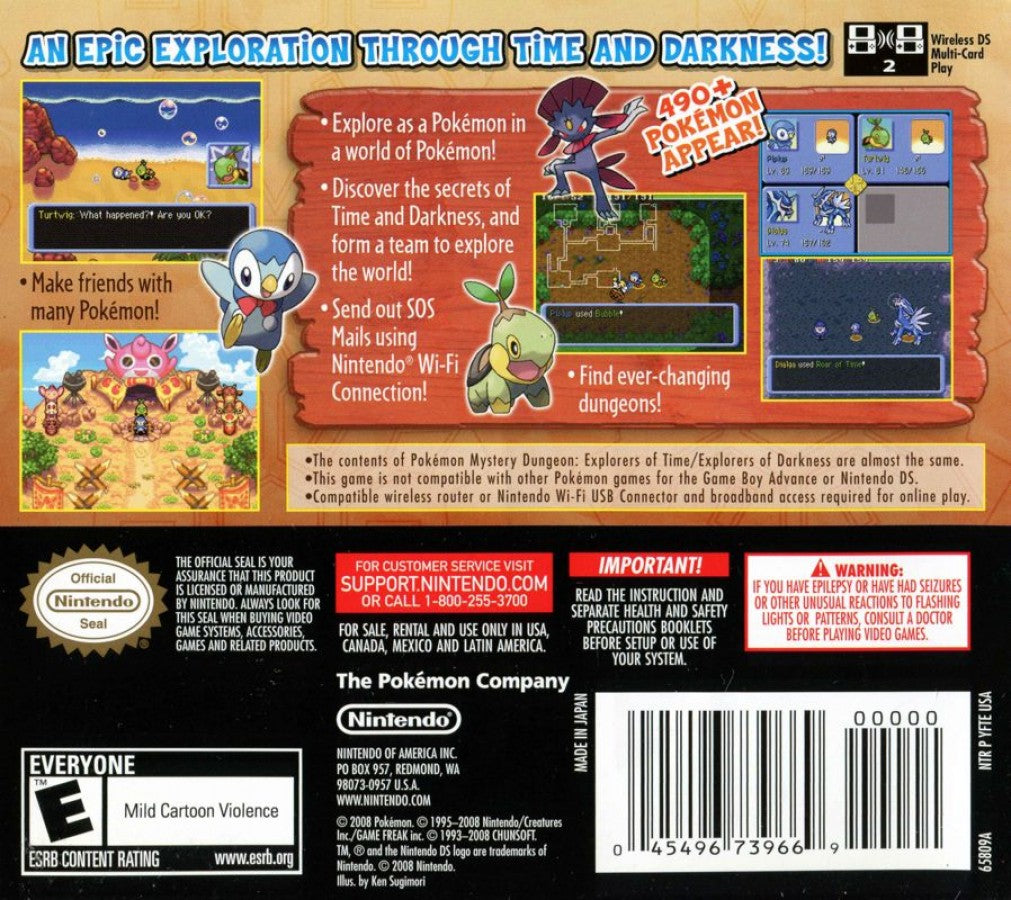 Pokémon Mystery Dungeon: Explorers of Time back of case for Nintendo DS (DS) dungeon-crawling RPG adventure video game