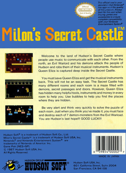 Milon's Secret Castle Nintendo Entertainment System NES for retro video game enthusiasts featuring action platforming gameplay fantasy castle exploration hidden secrets bubble shooting mechanics challenging levels classic 8 bit adventure and collectible gaming appeal box art back