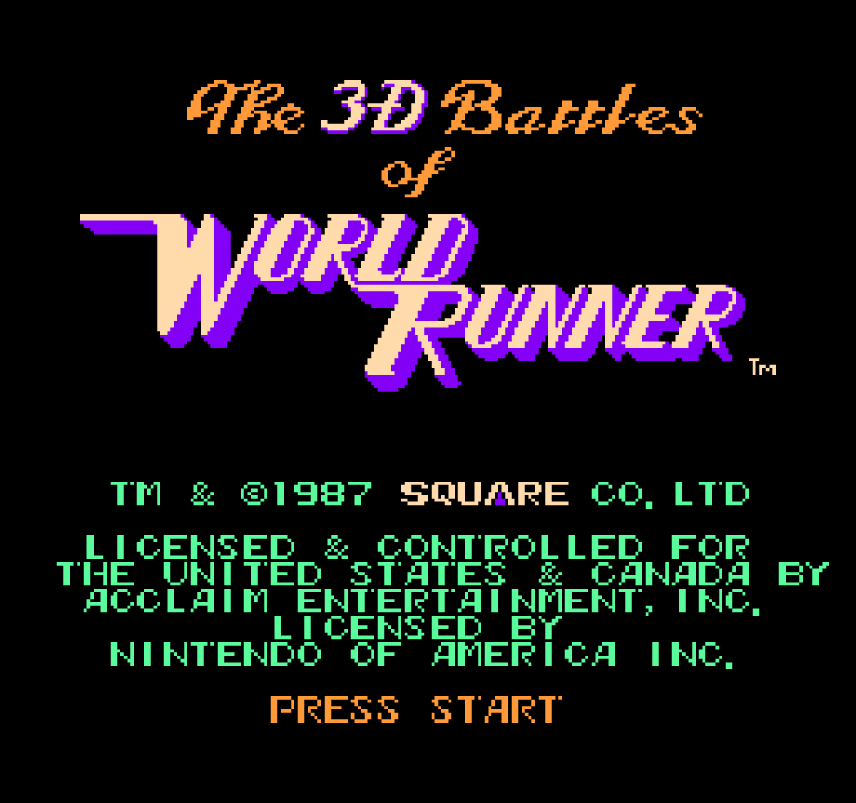 3-D WorldRunner retro NES video game 3-D WorldRunner action adventure fantasy shooting fast paced gameplay pseudo 3D classic console title Nintendo Entertainment System release title screen