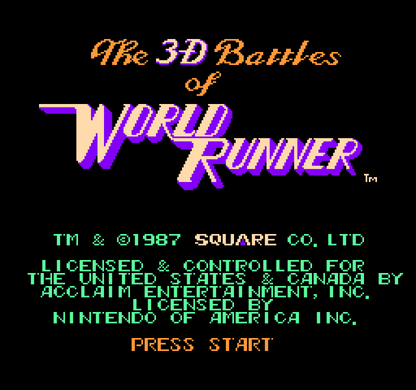 3-D WorldRunner retro NES video game 3-D WorldRunner action adventure fantasy shooting fast paced gameplay pseudo 3D classic console title Nintendo Entertainment System release title screen