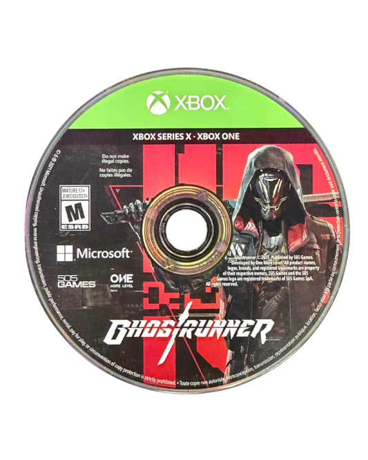 Ghostrunner game for the Xbox Series X featuring fast paced first person action gameplay with parkour movement one hit combat cyberpunk environments and precision platforming as players slice through enemies in a futuristic city disc