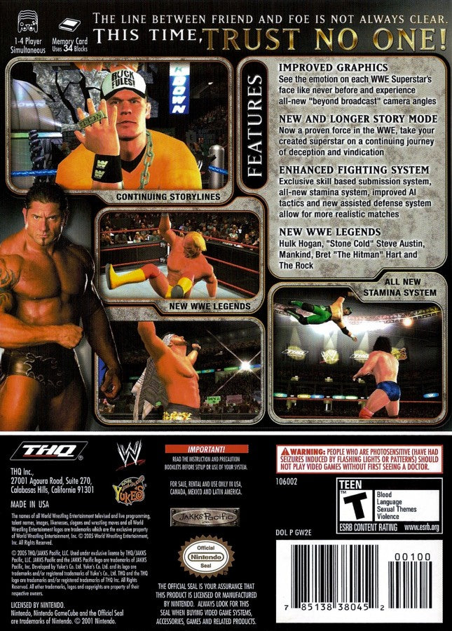 WWE Day of Reckoning 2 GameCube GC video game, professional wrestling, fighting simulation, multiplayer, sports entertainment, Nintendo GameCube title back cover art